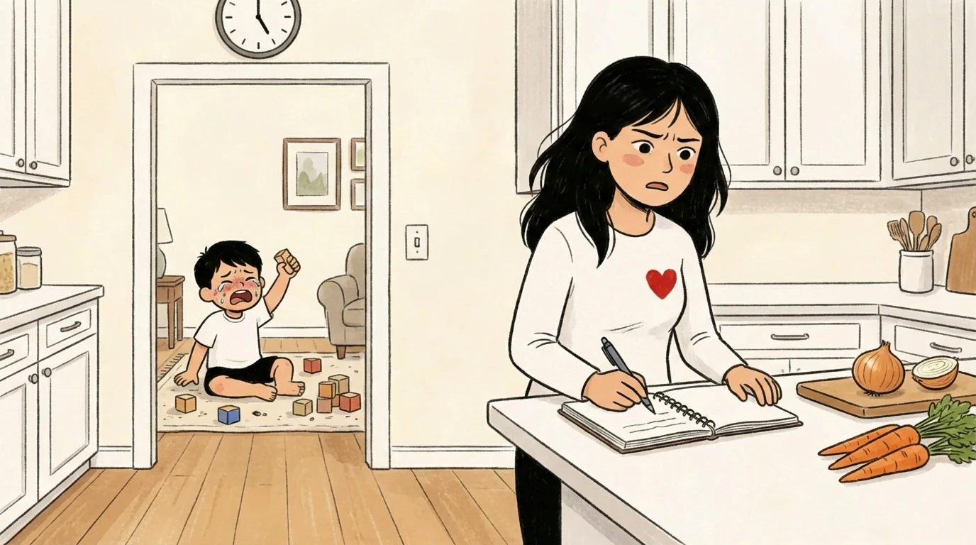 A parent writes in a notebook at the kitchen counter while a toddler mid-tantrum sits on the floor with blocks