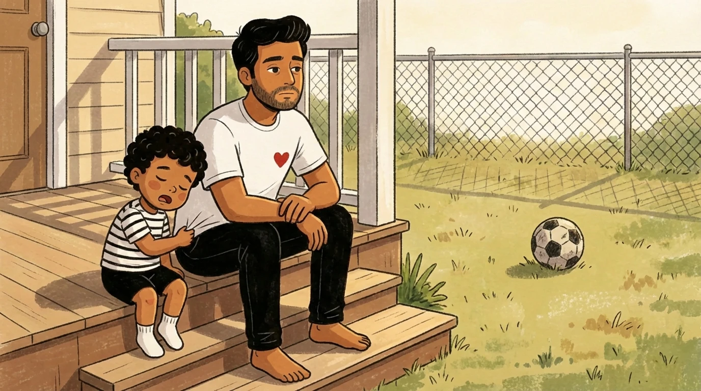 A parent and young child sit together on porch steps, a soccer ball going unplayed in the yard behind them