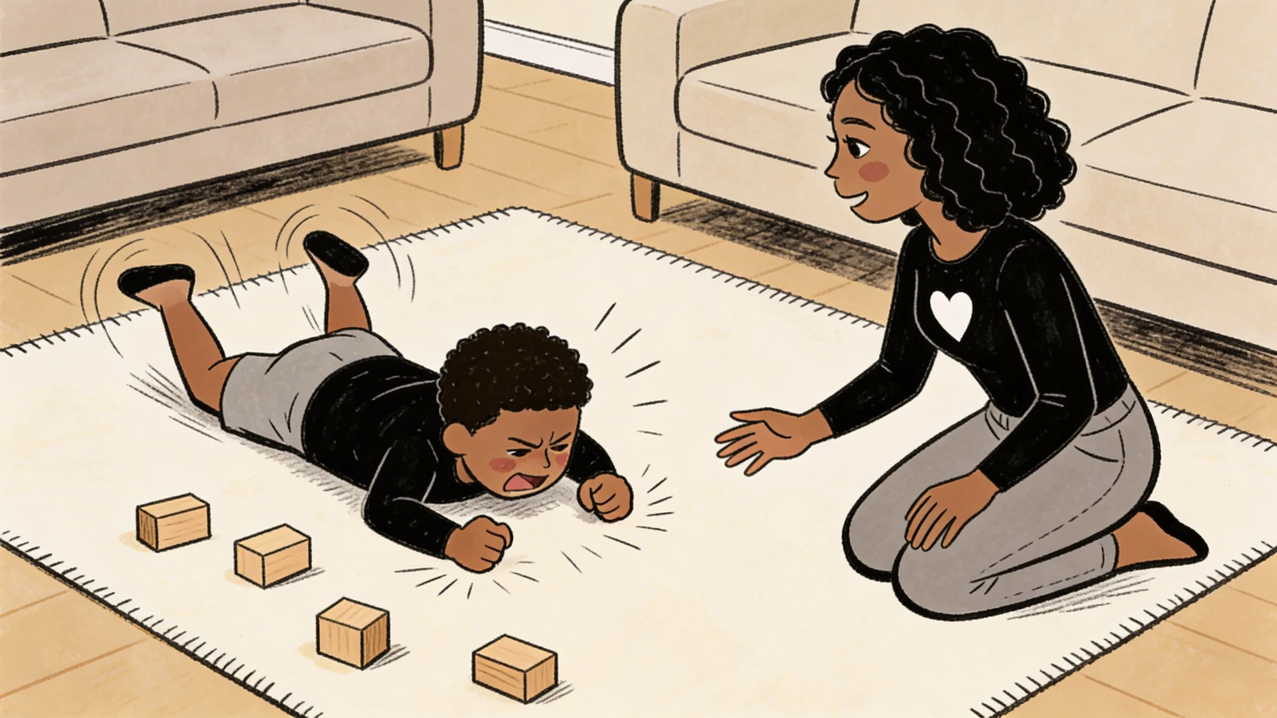 Toddler lying face-down on rug pounding fists during meltdown as parent kneels nearby with open hand