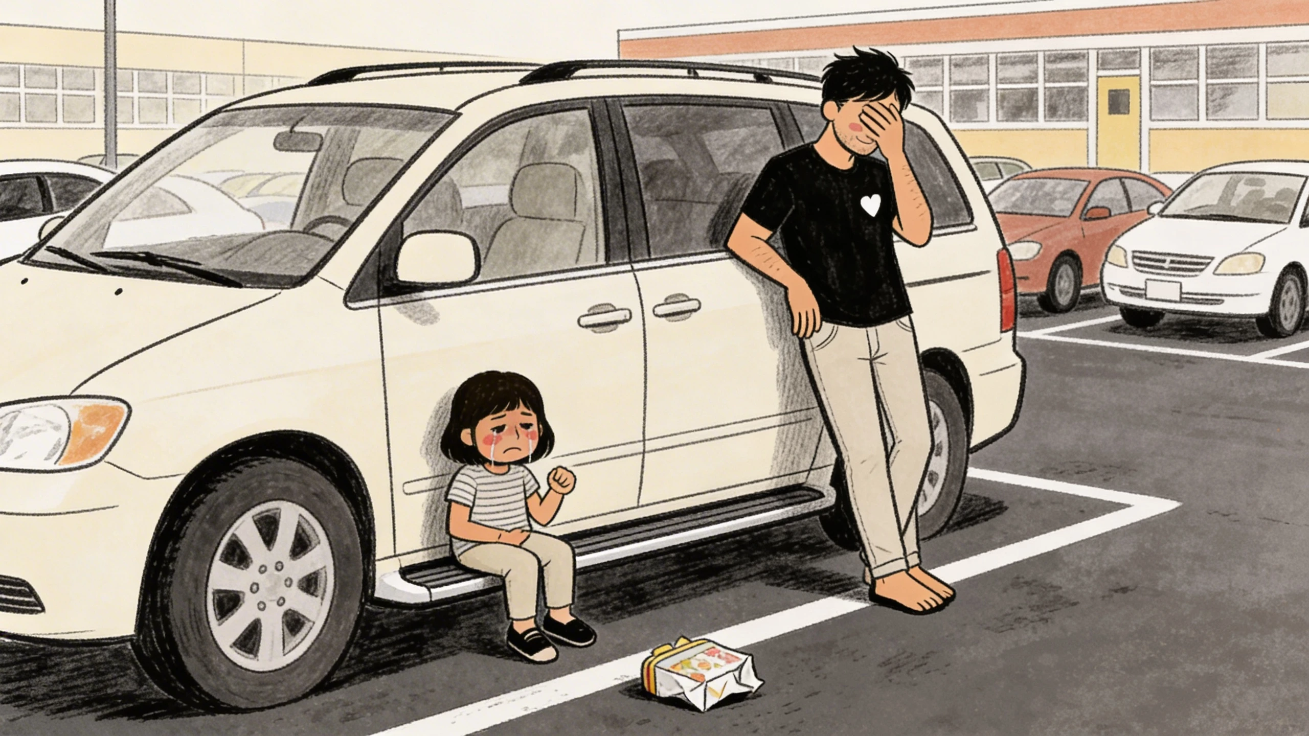 Young child sitting on parking lot ground mid-meltdown while parent stands with hand over face