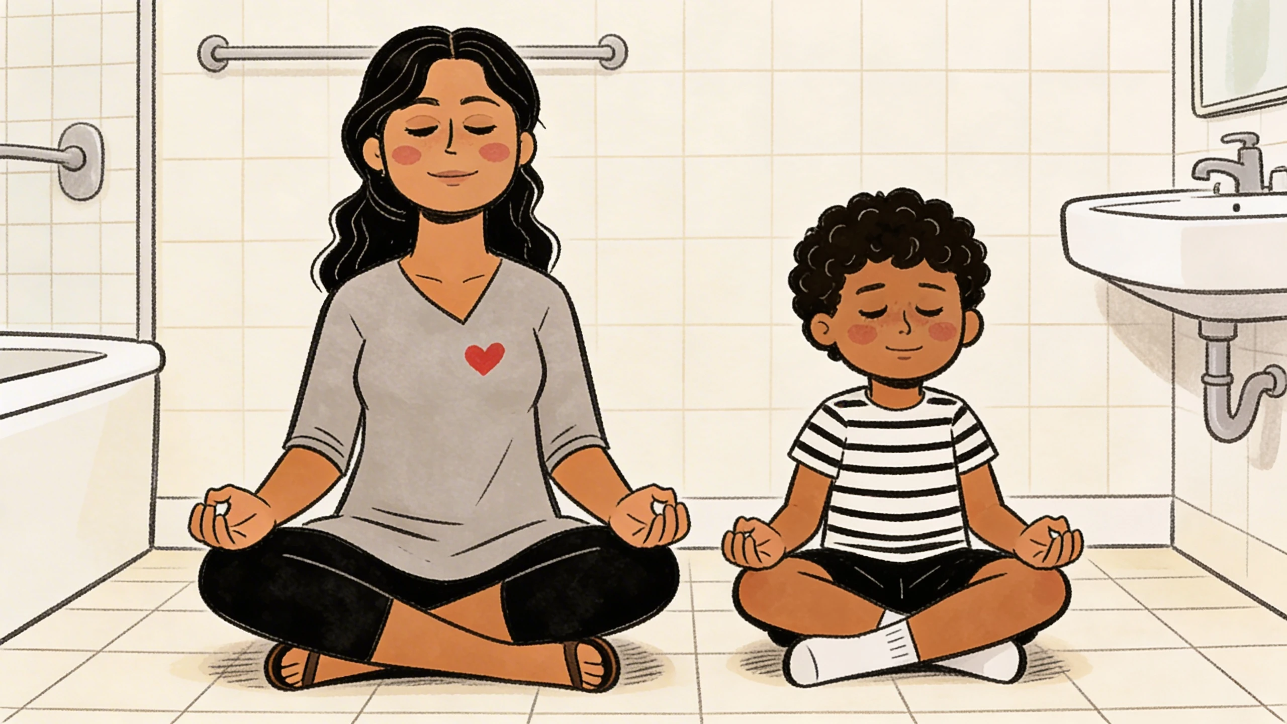 Parent and young child sitting cross-legged together in meditation pose on bathroom floor