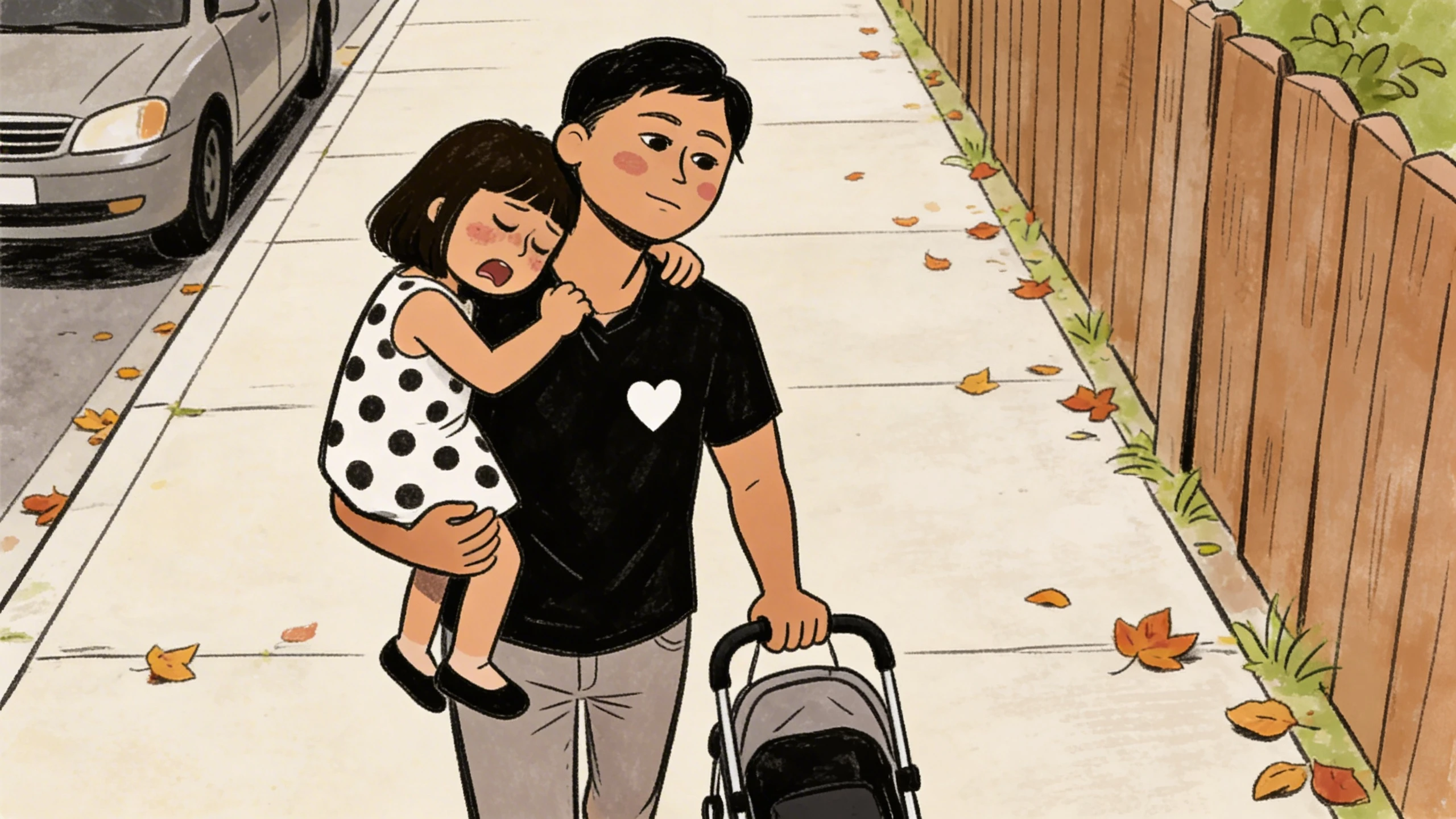 Parent carrying a drowsy toddler on one arm while pushing a stroller along a sidewalk