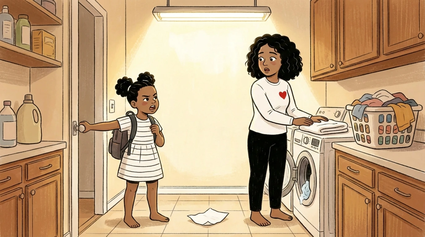 Illustrated laundry room scene, preteen with backpack points at door while parent loads washing machine.