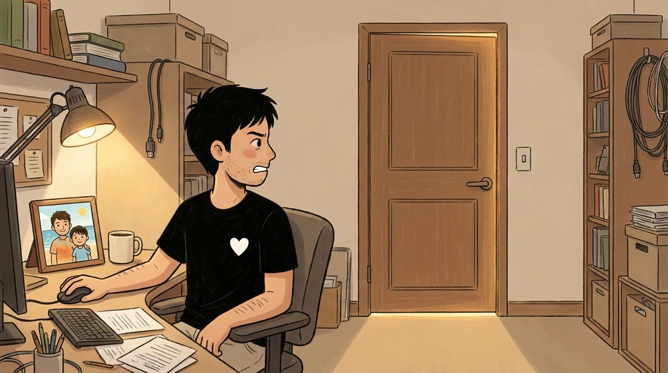 Adult at a desk with a family photo turns toward a closed bedroom door with a tense expression.