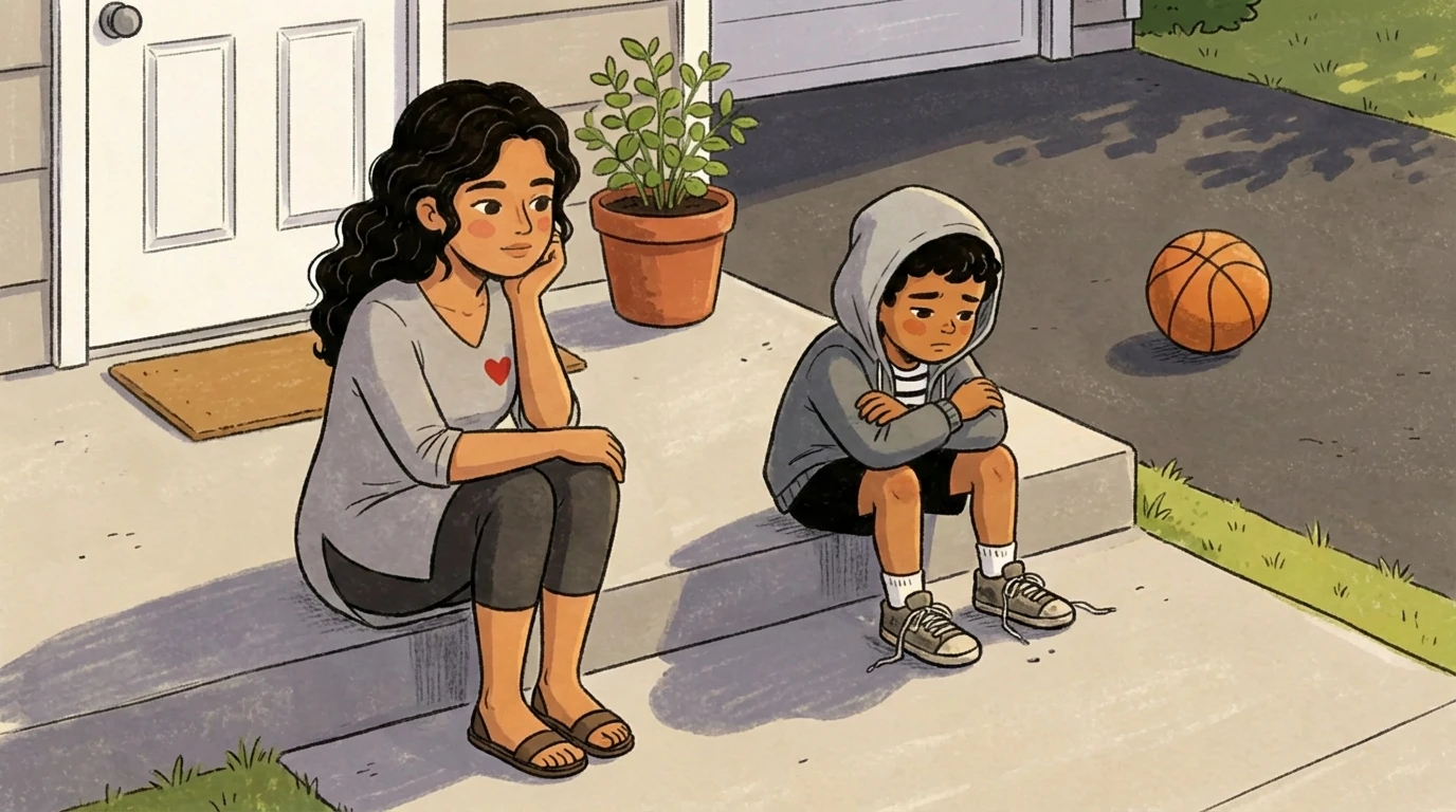 Parent and preteen sit apart on front steps beside a basketball both looking away.