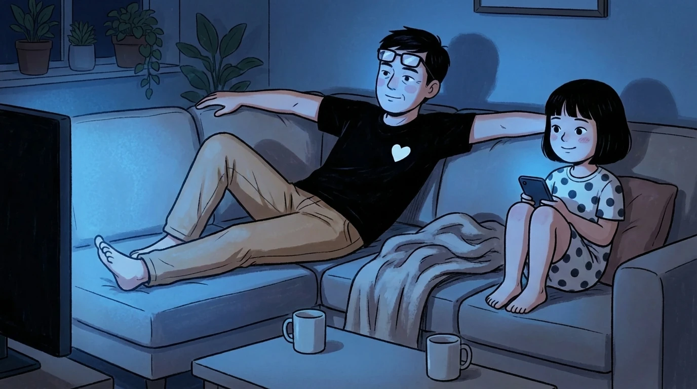Parent reaches arm out toward preteen on sofa scrolling phone in dim living room at night.