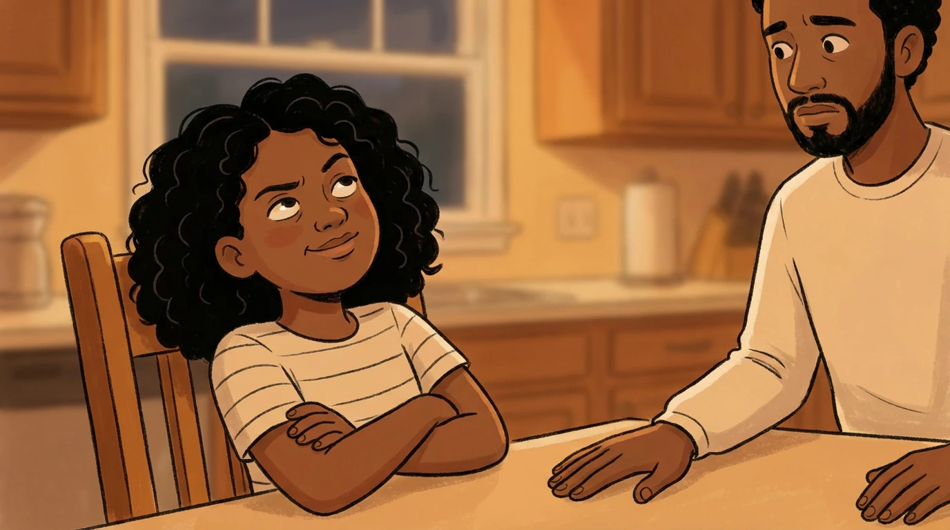 Preteen sitting with arms crossed and chin raised at a kitchen table while a father looks on.