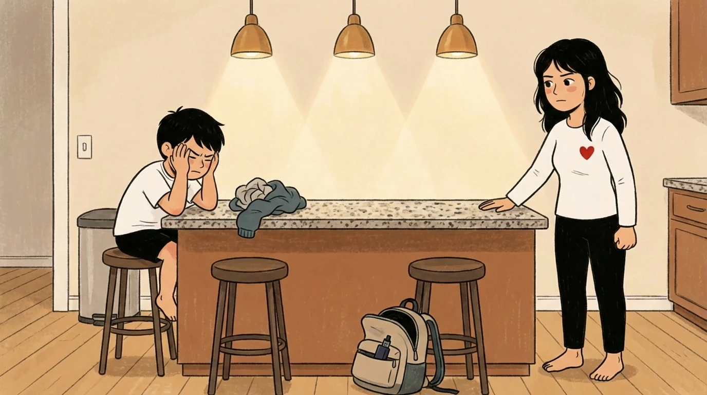 Parent and teenager face each other across a kitchen island; a backpack sits on the floor between them.