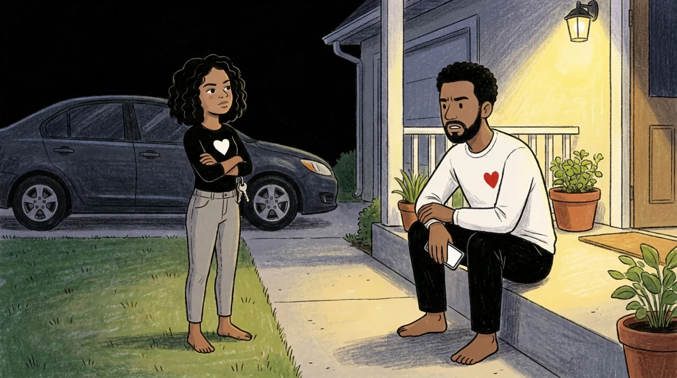 A teenager stands apart from an adult on a lit front porch at night - an alternative to grounding.