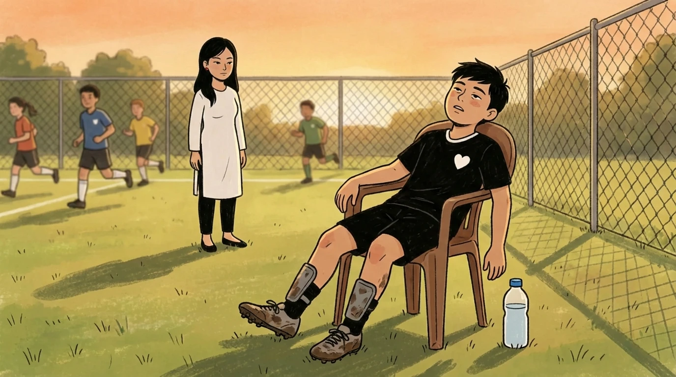 A teen in soccer gear sits in a chair on a grass field while an adult stands nearby watching.