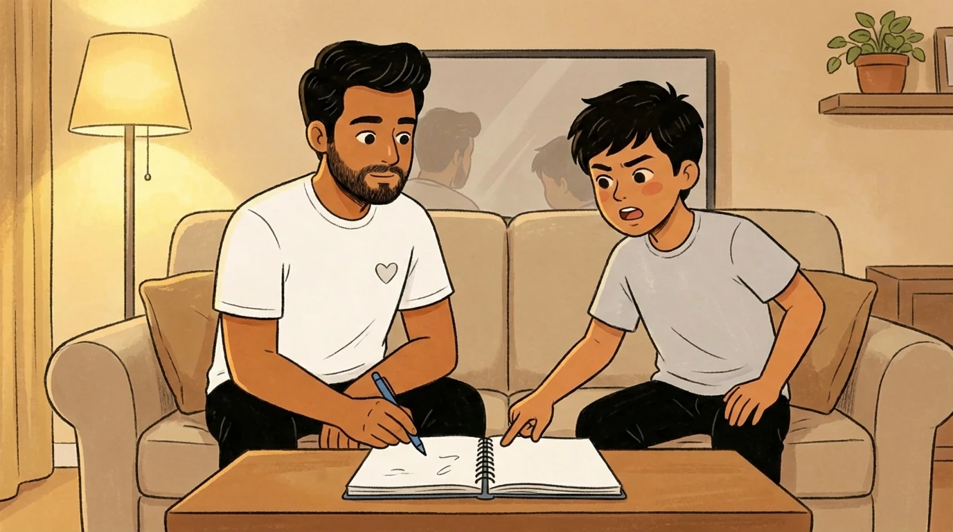 Instead of punishing, a dad sits with his teenager on a couch writing in a notebook together.