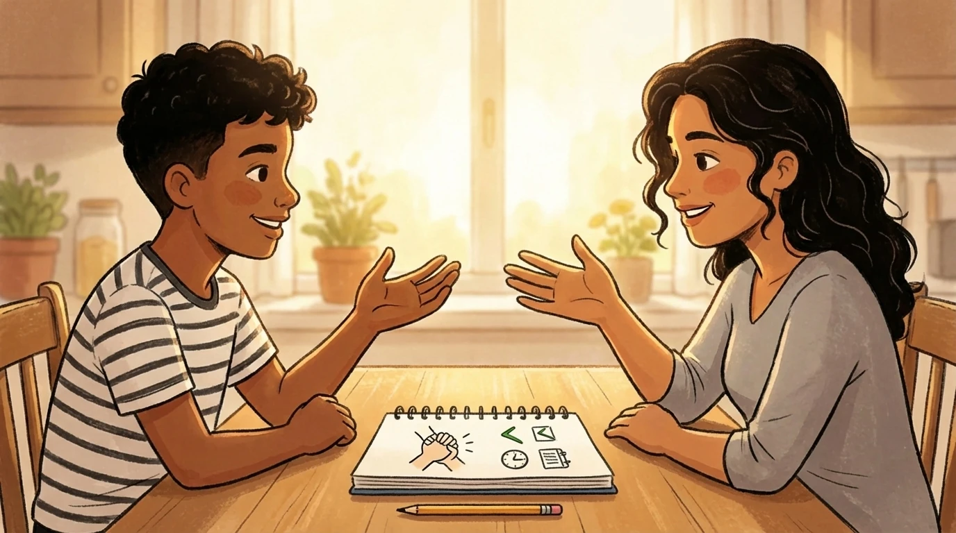 Parent and teenager talking at a kitchen table with an open notebook of agreements instead of grounding.