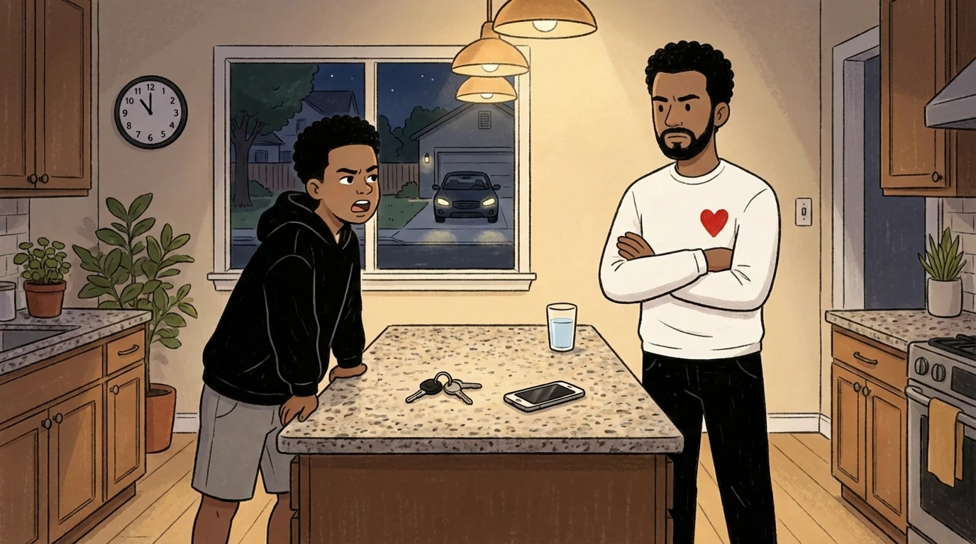 Illustrated father in kitchen at night, arms crossed, as a teen leans on the counter with car keys between them