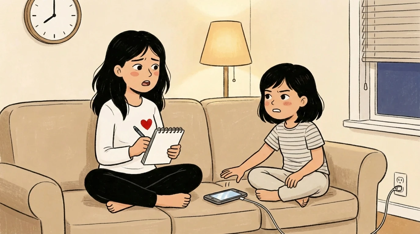 Mother with notepad on sofa setting limits with a preteen, a phone charging on the cushion between them