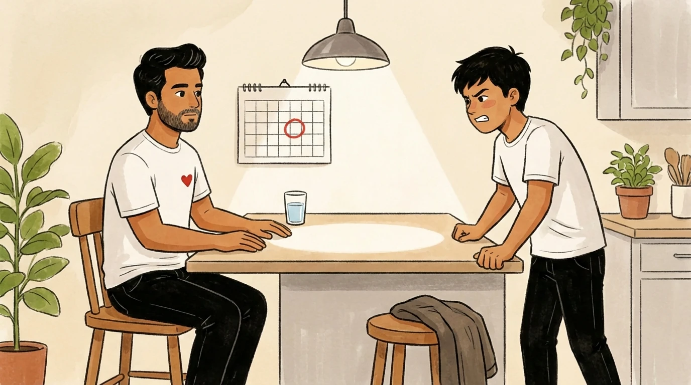 Father seated calmly at a table while a teen leans over it with clenched fists, a calendar visible on the wall