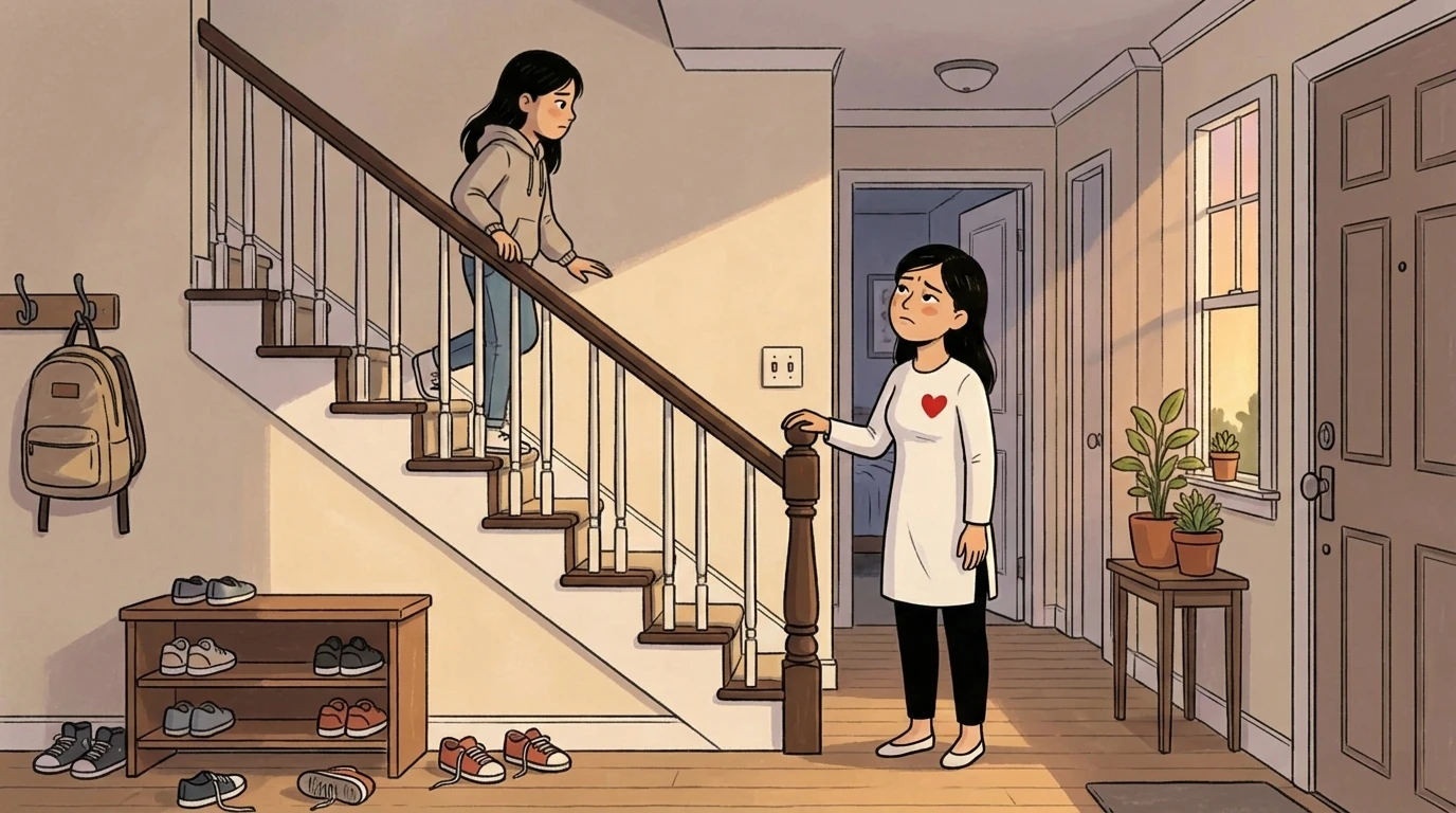 Parent standing at the foot of the stairs as a teen pauses on the landing beside a backpack and scattered shoes