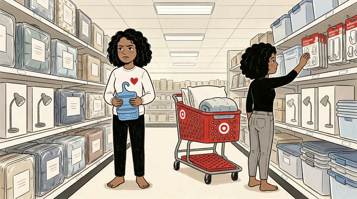 Teen and parent browsing store aisles with cart full of college dorm supplies