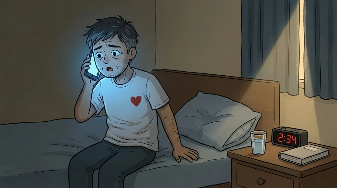 Parent sitting on bed at 2:34am on a phone call lit by screen glow preparing for teen leaving