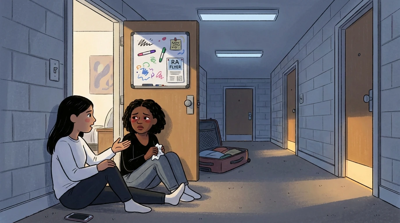 Two college students sitting on dorm hallway floor with open suitcase nearby and RA flyer on door