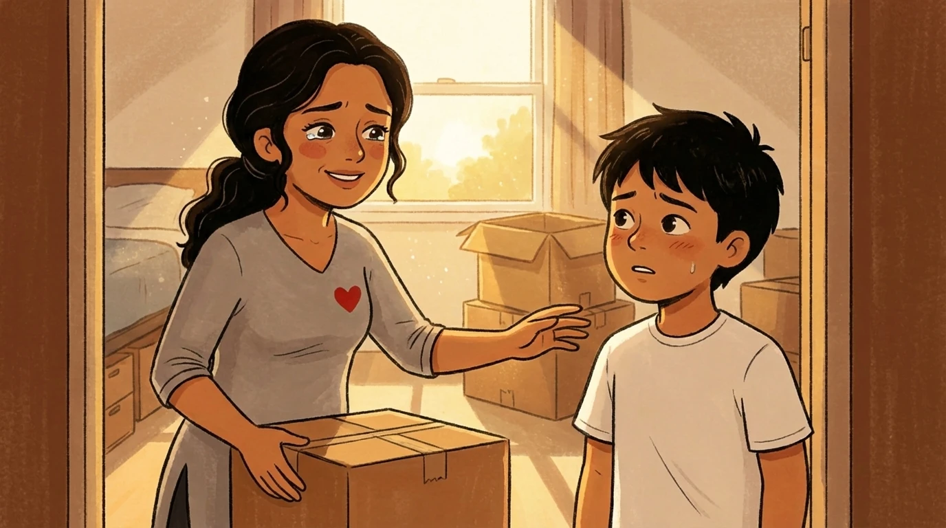 Mother reaching toward her teen while packing boxes in a bedroom doorway, preparing for college and letting go.