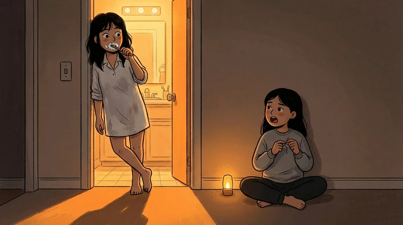 Mom brushing teeth in a lit doorway at night while her daughter sits on the floor talking up to her