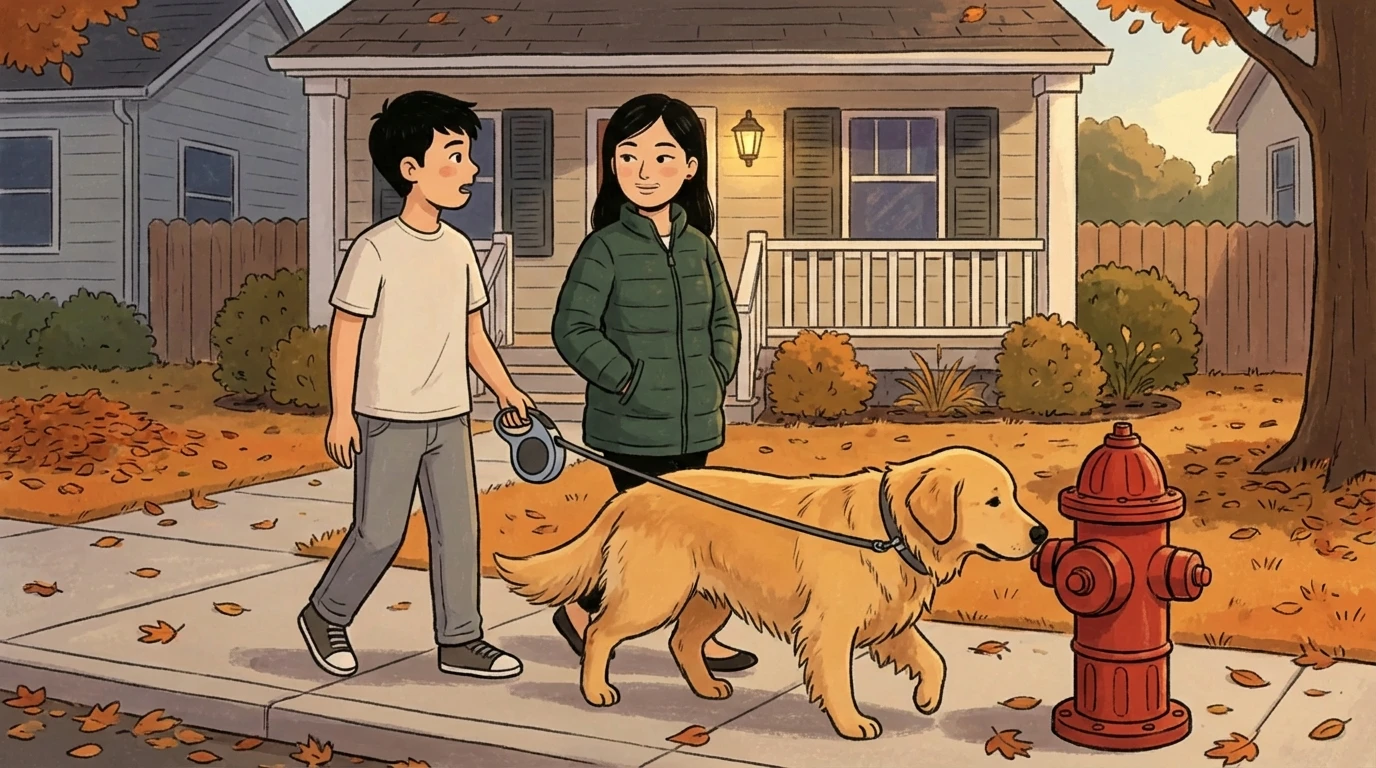 Parent and teenager walking a golden retriever on a leaf-strewn sidewalk in front of a house in autumn