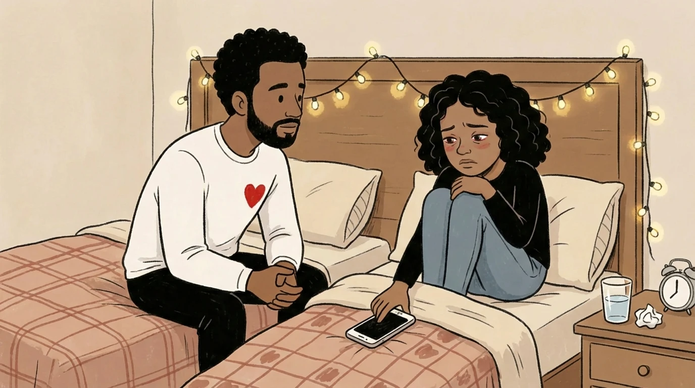 Parent sitting on a teenager's bed being present as she hugs her knees, phone on the quilt, string lights above