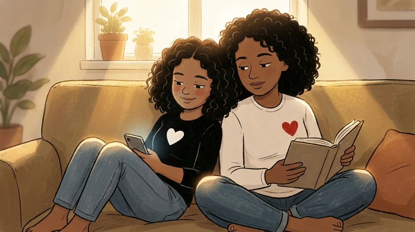 Parent and teenager sitting together on a couch, staying connected while each reads their own book and phone.