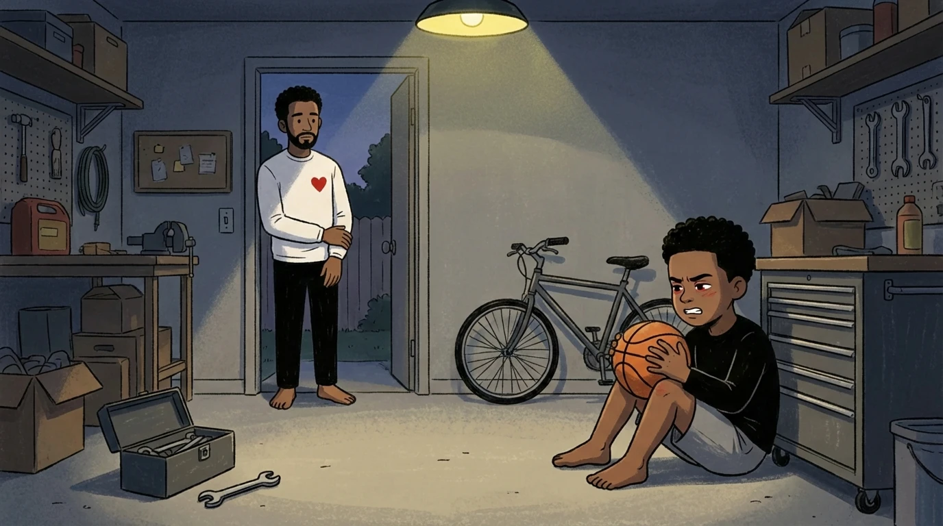 Parent standing in garage doorway while teen sits on floor gripping a basketball pulling away