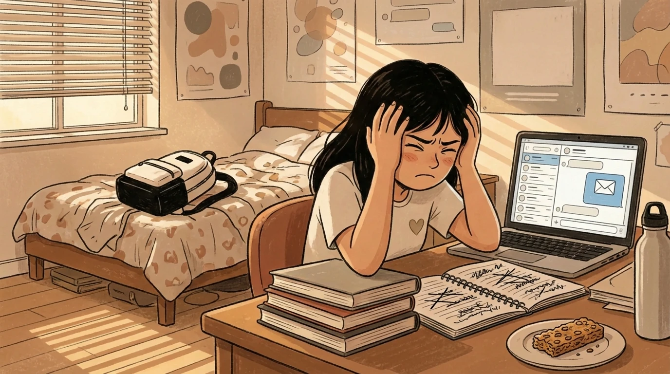 Teen child at desk with head in hands beside open laptop and stacked books in a bedroom