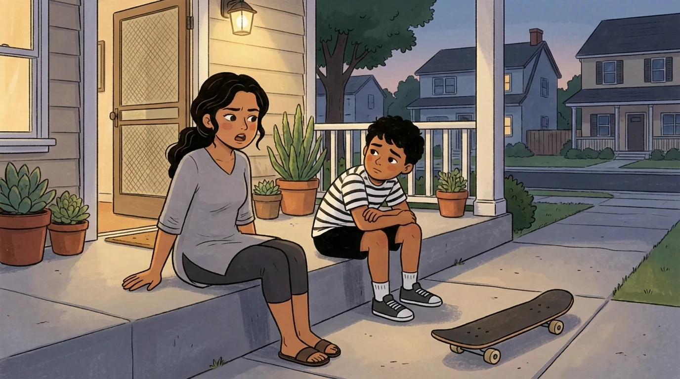 Parent sitting beside teen on front porch steps with a skateboard nearby at dusk