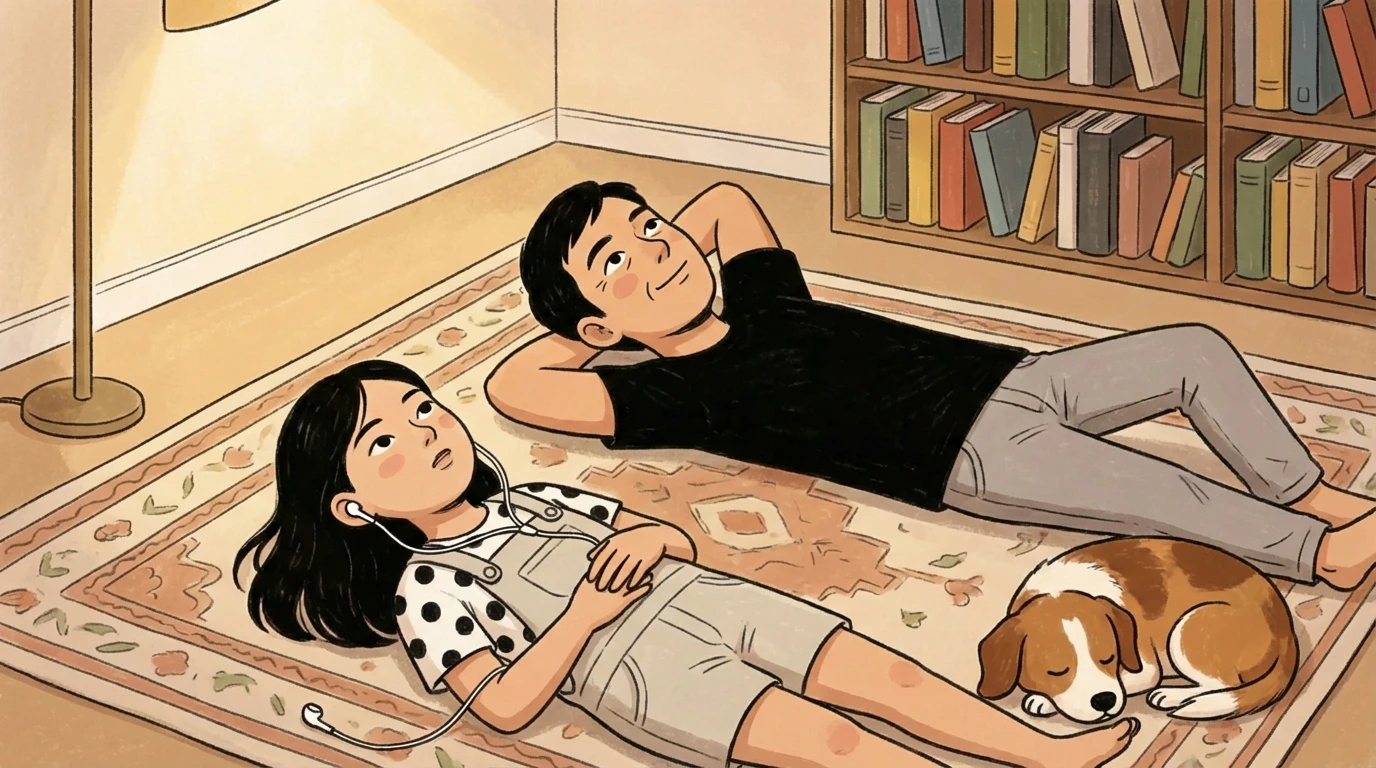 Parent and teen lying on a rug together reading quietly near a bookshelf with a dog