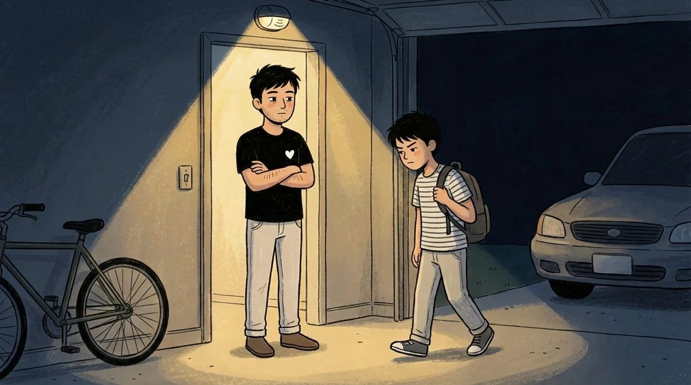 Parent with arms crossed in doorway at night as teen with backpack arrives home past curfew