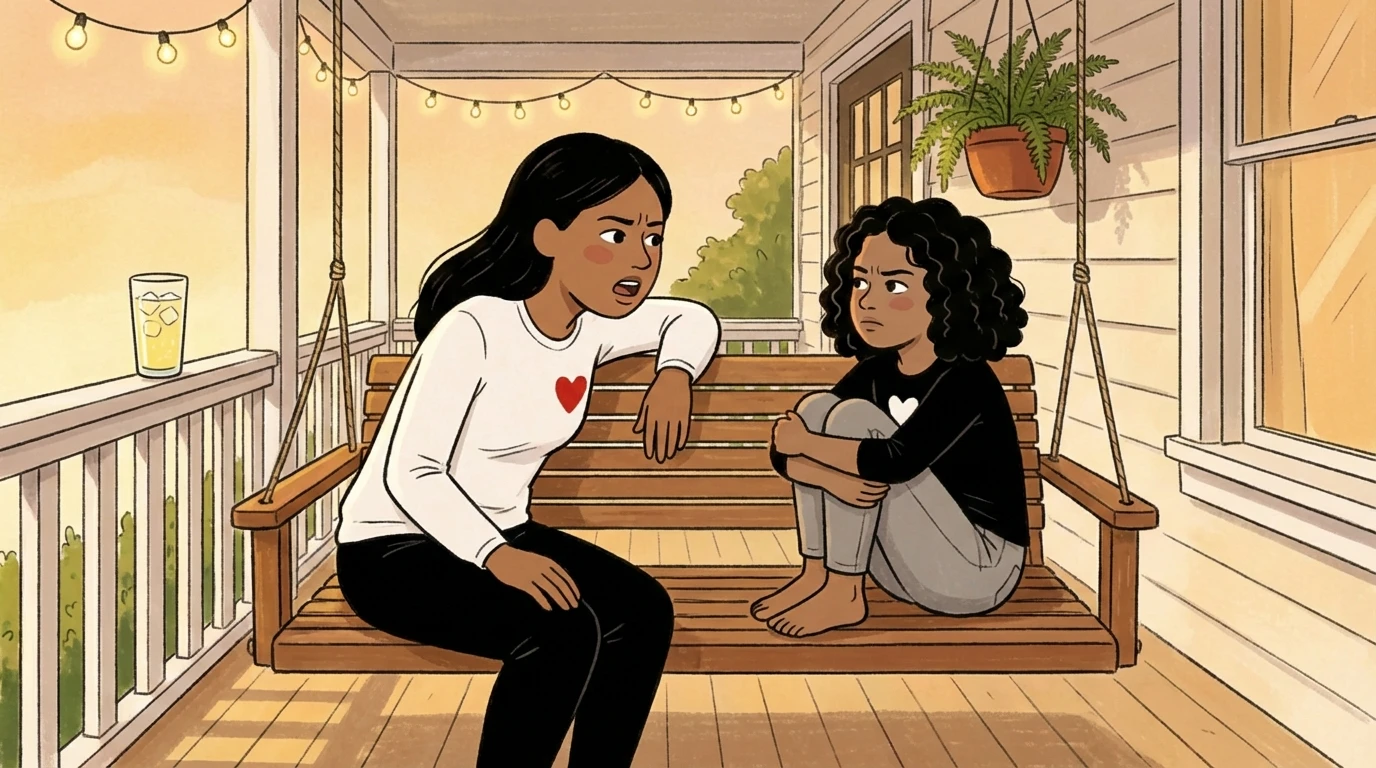 Parent and teen sitting side by side on a porch swing having a calm conversation about house rules