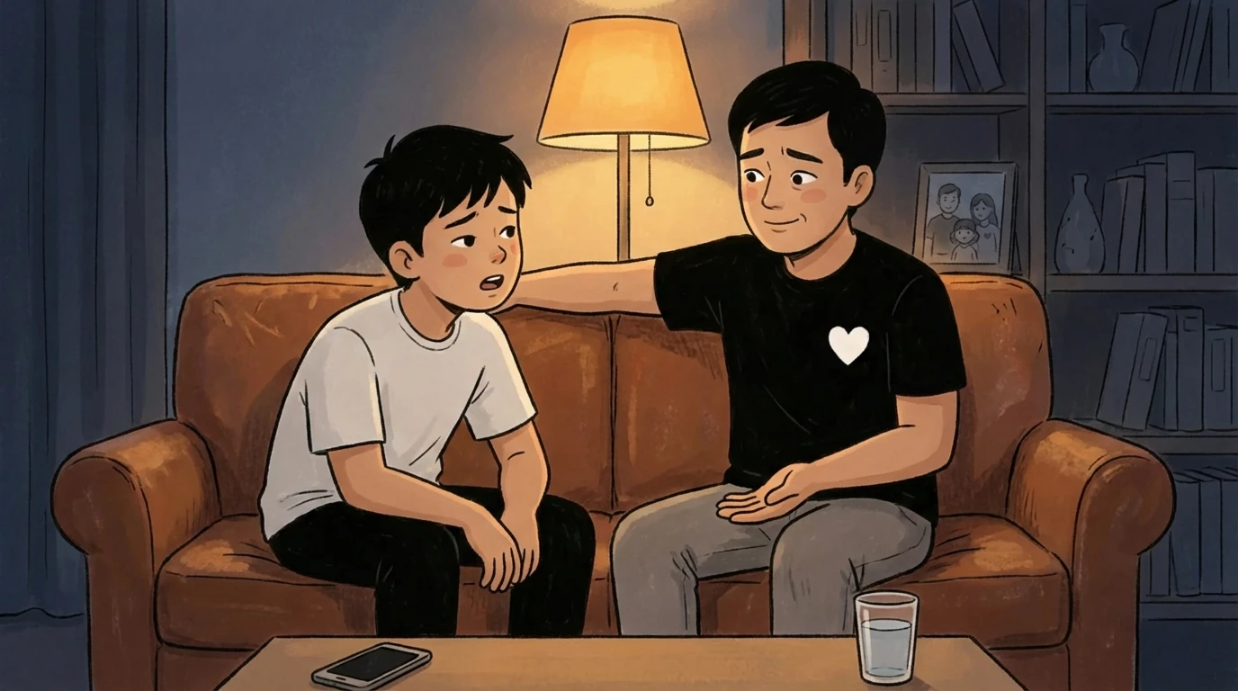Parent with arm around teen on a couch in a dim room talking after teen broke a house rule