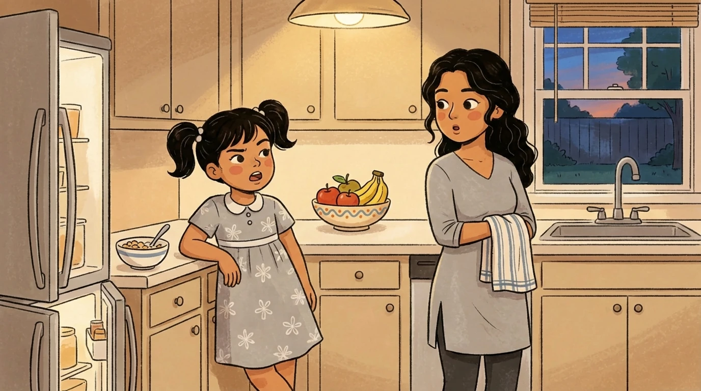 Parent holding a dish towel in the kitchen at dusk as child stands nearby looking up at them