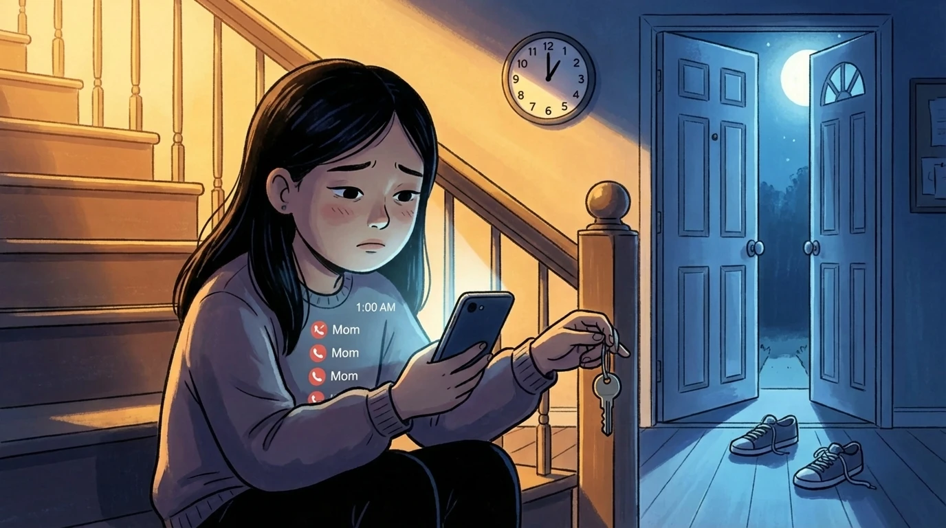 Teen sits on stairs at night holding phone with missed calls from parent after breaking house rules.
