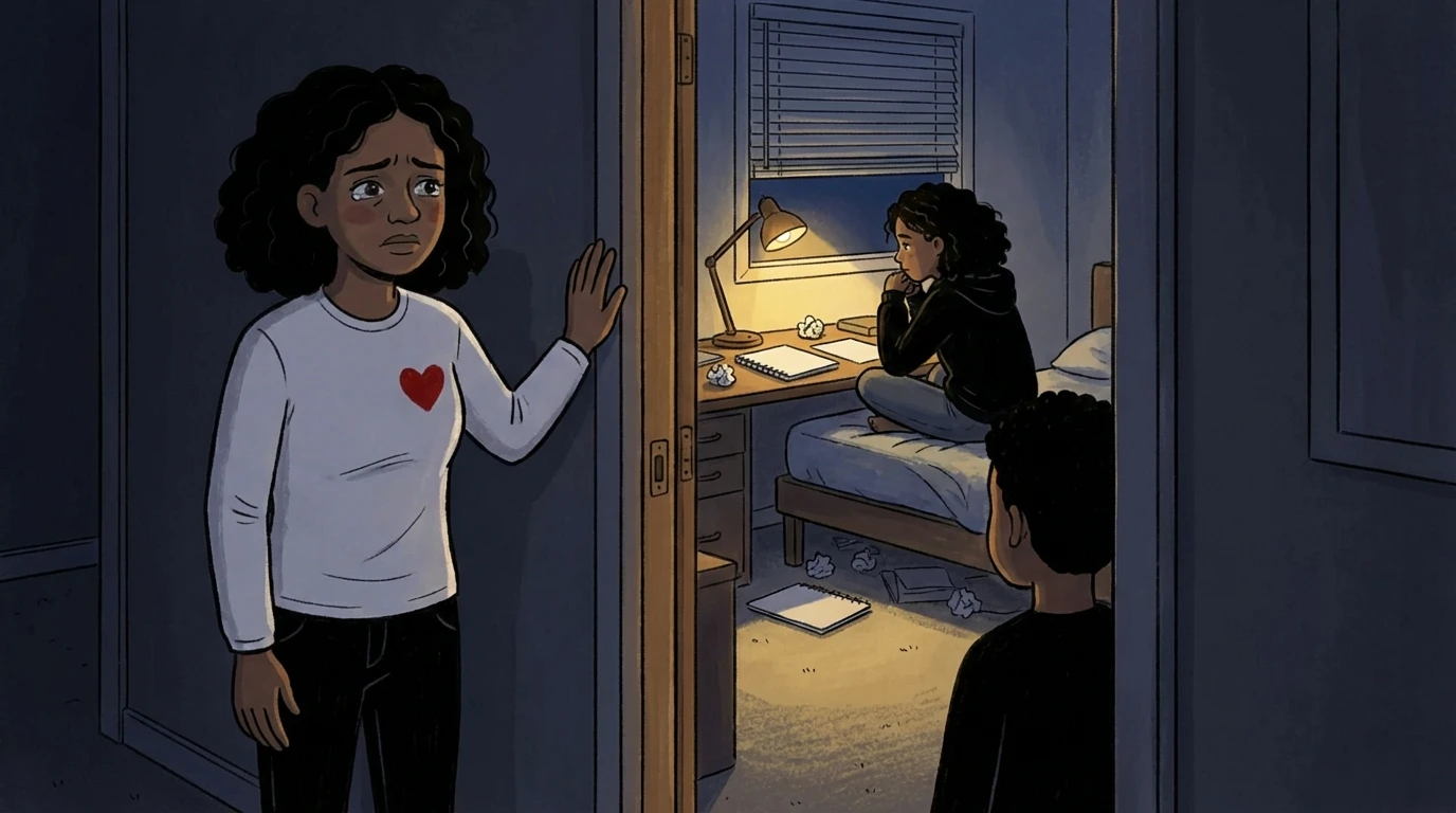 Parent pausing at a teen's dark bedroom door; crumpled papers scattered as a depressed teen sits withdrawn at a dim desk