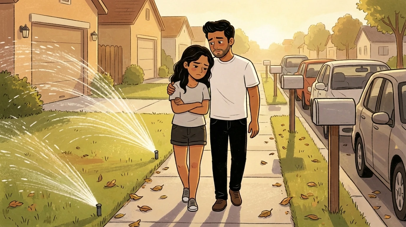 Adult walking beside a teen on a sunny neighborhood sidewalk; teen has arms crossed with parent staying close