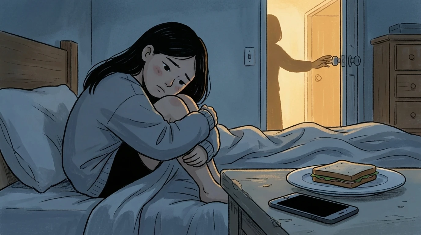 Teen curled up on bed in a dark room with untouched food as a parent opens the door to check for warning signs.