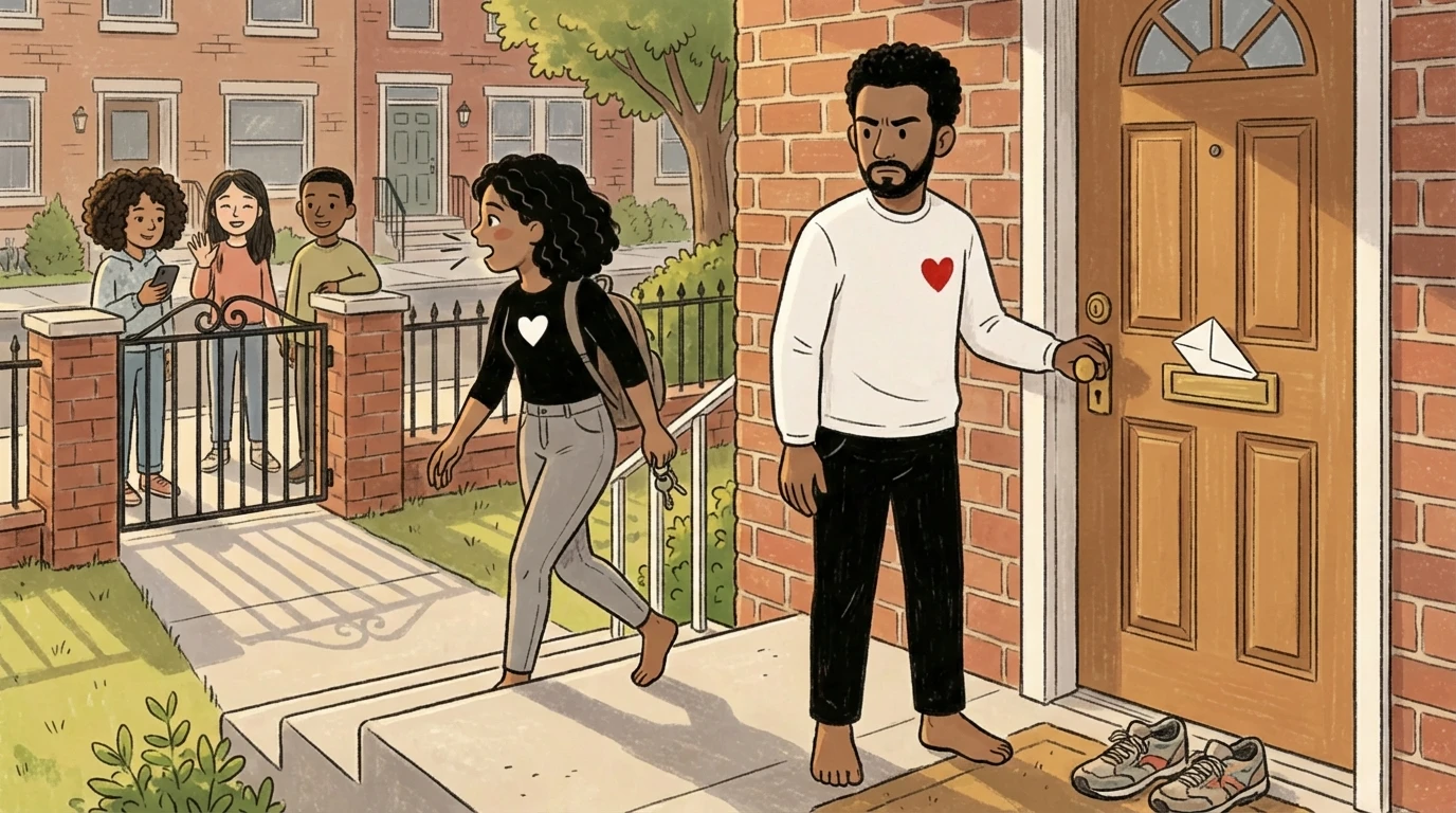 Parent at front door watching teen walk away with friends outside - letting go of teen independence