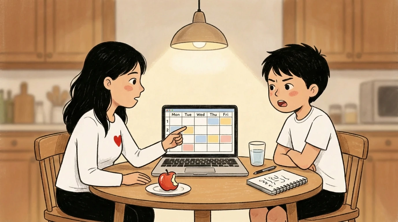 Mother pointing at weekly schedule on laptop while teen sits across the kitchen table