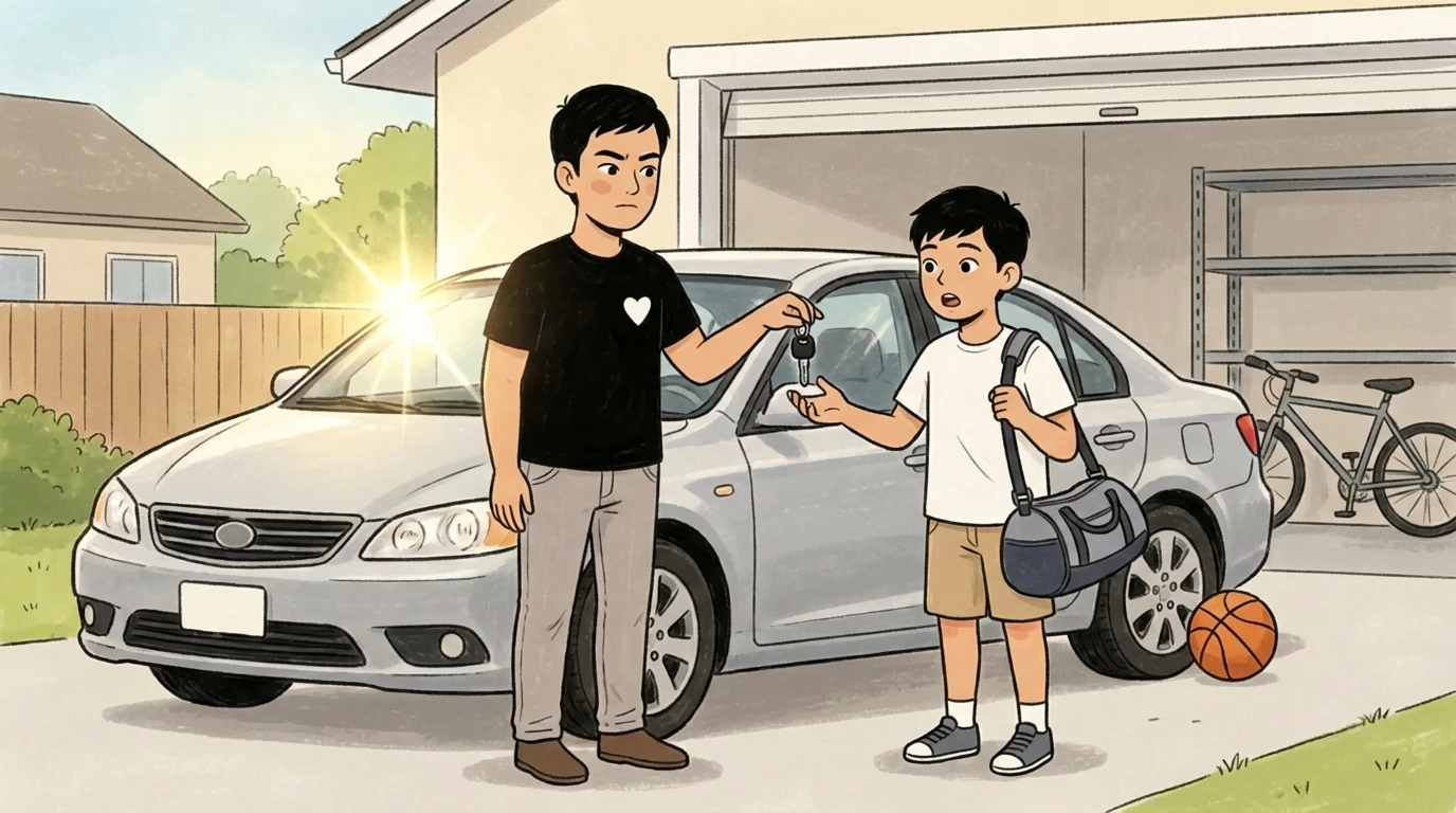 Father handing car keys to teen in driveway with a basketball nearby - building teen trust