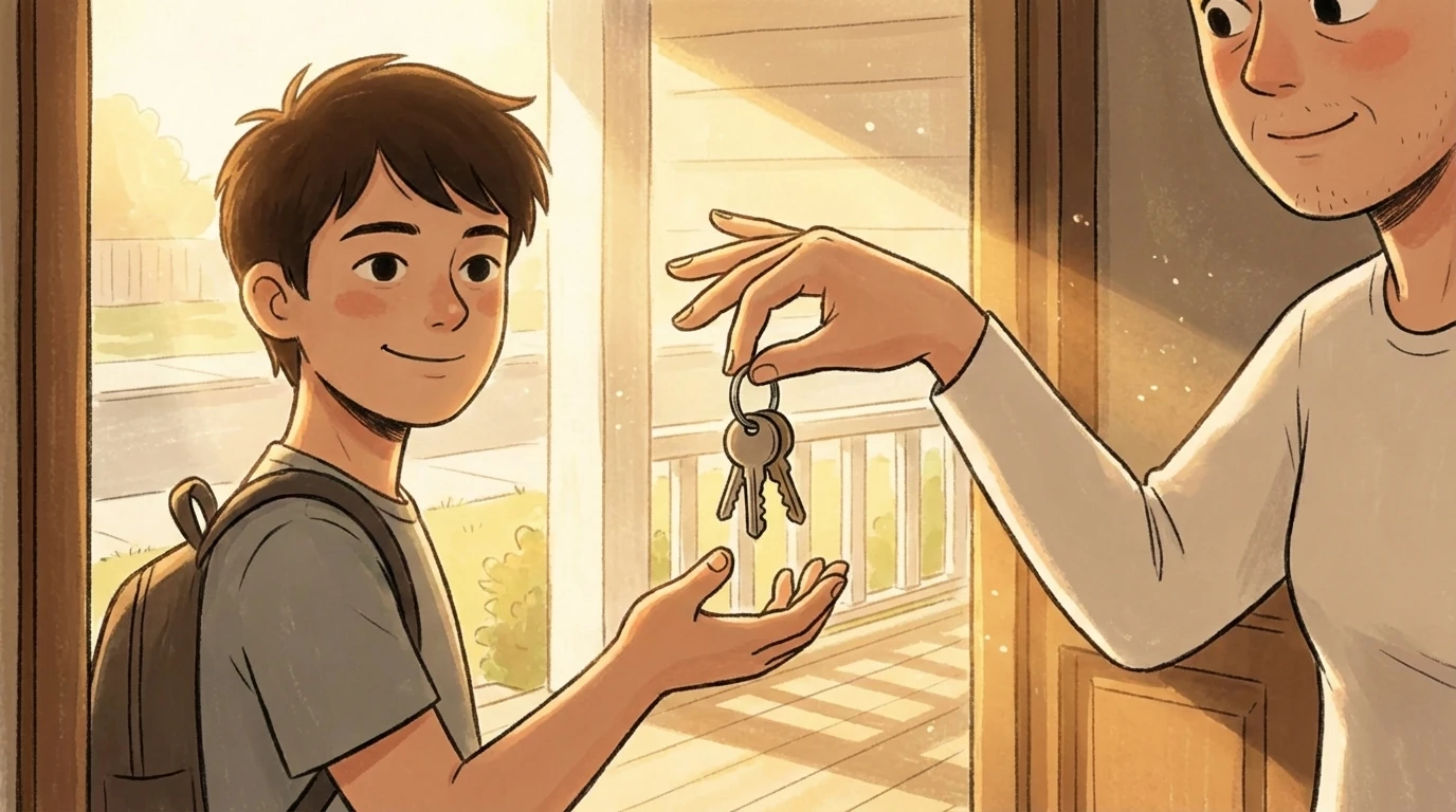 Parent handing house keys to a teen with a backpack at the front door, letting go toward independence.