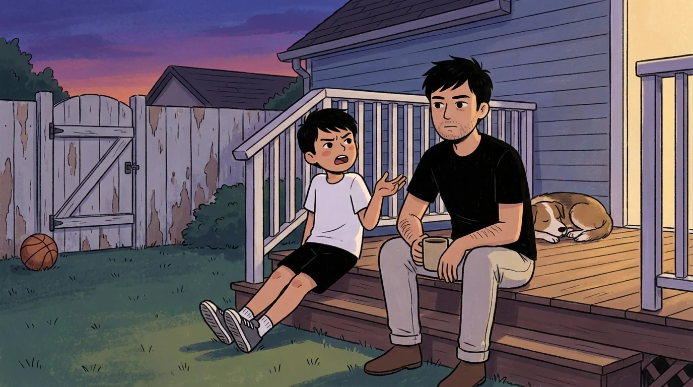 Father and teen son sit on back porch steps at dusk in conversation with a basketball in the yard