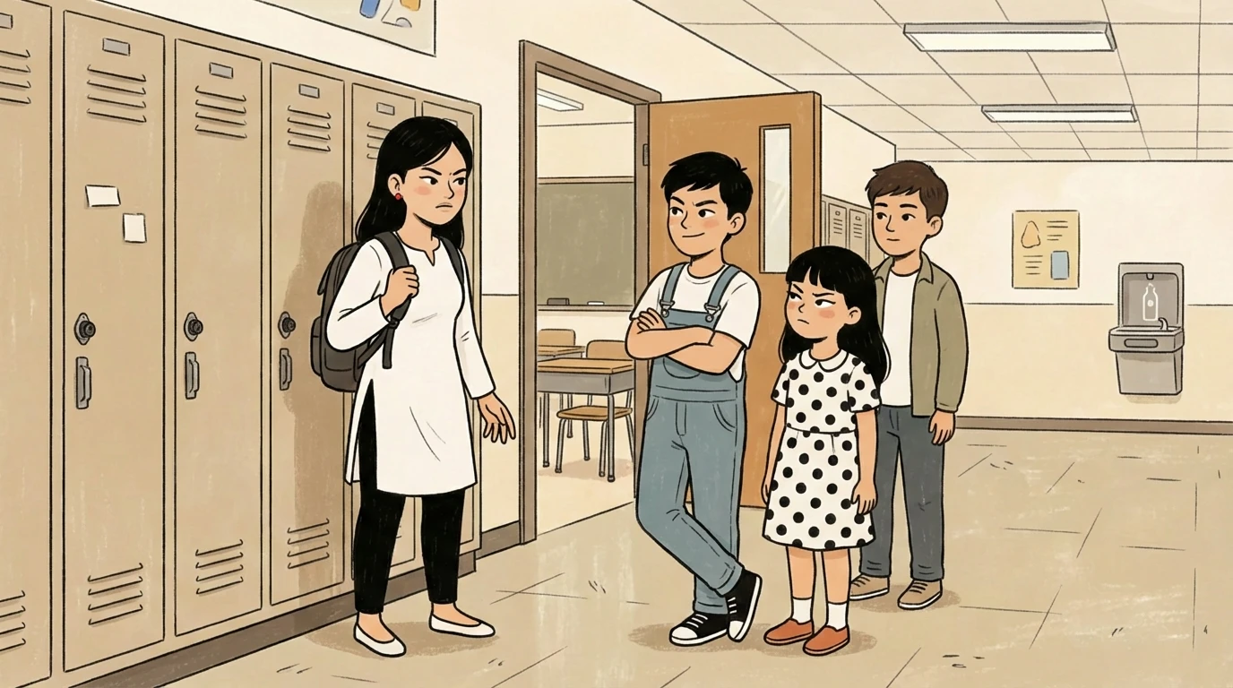 Teen child stands apart from two peers in a school hallway by lockers with arms crossed