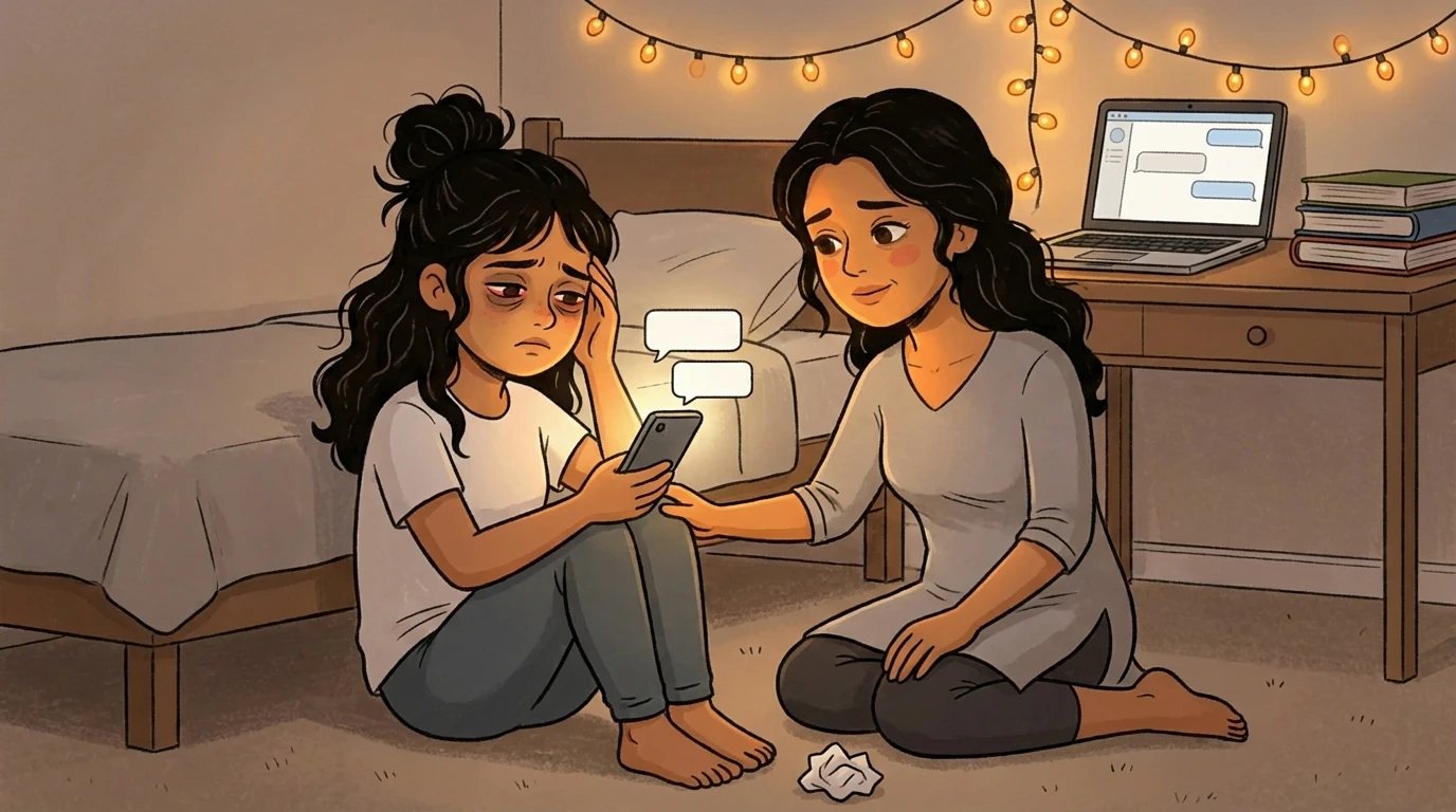 Mother sits on bedroom floor beside teen daughter looking at a phone with message bubbles, laptop on desk