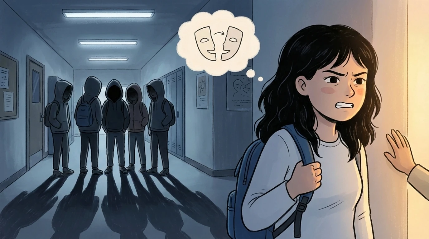 Teen gripping her backpack in a school hallway while a group of hooded peers stands behind her and a parent reaches out.