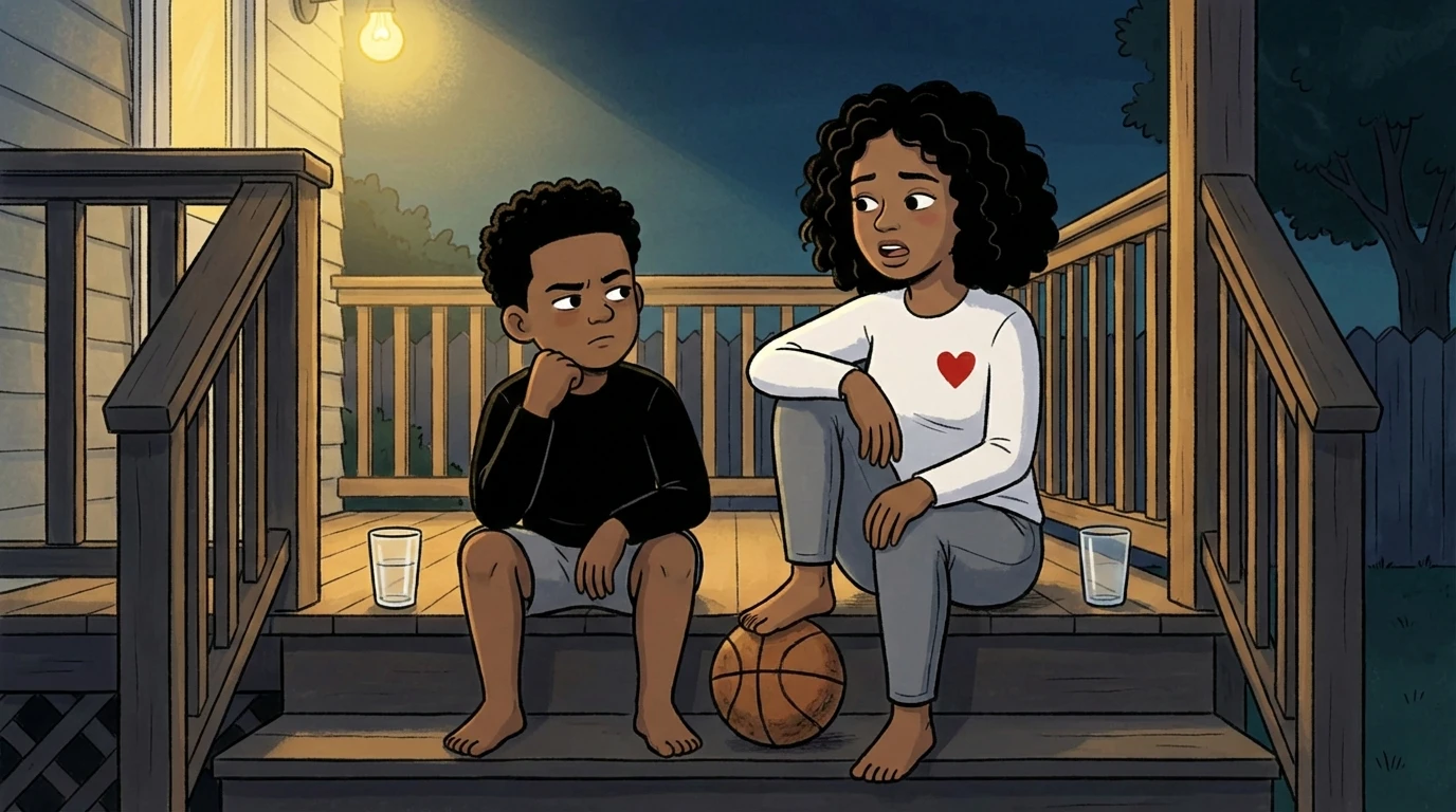 Parent and teen sitting on porch steps at night with a basketball between them during a serious talk