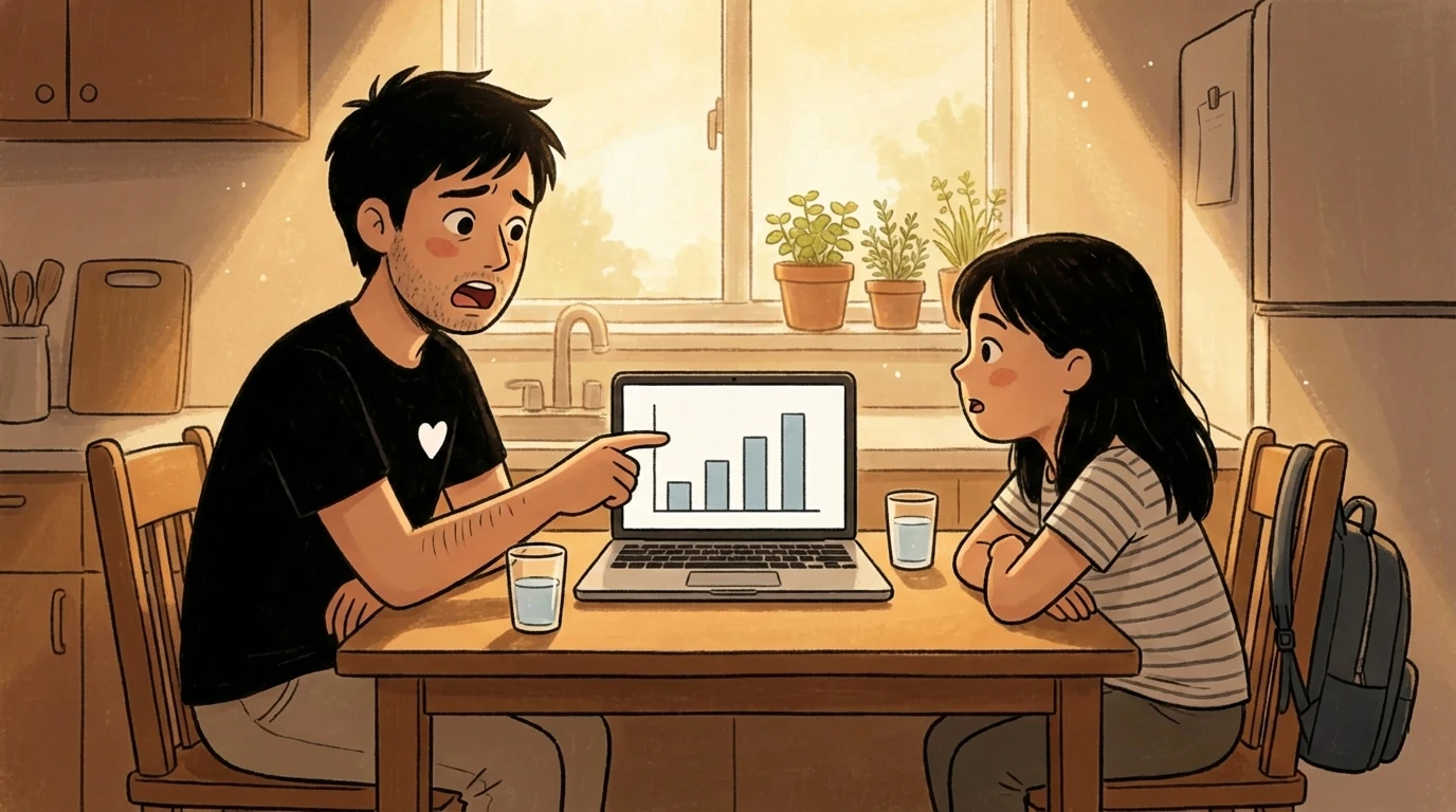 Parent pointing at a bar chart on a laptop while talking to a child at the kitchen table about risks